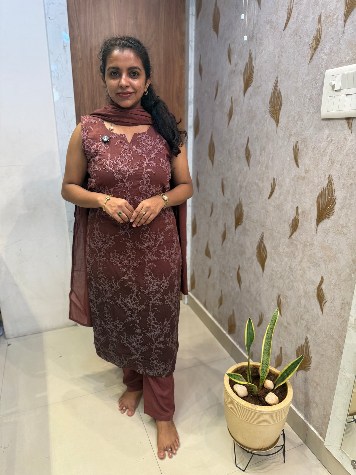 Ombre Brown Pure Cotton Thread Embroidery Kurti With Pant and Dupatta -HSC1223