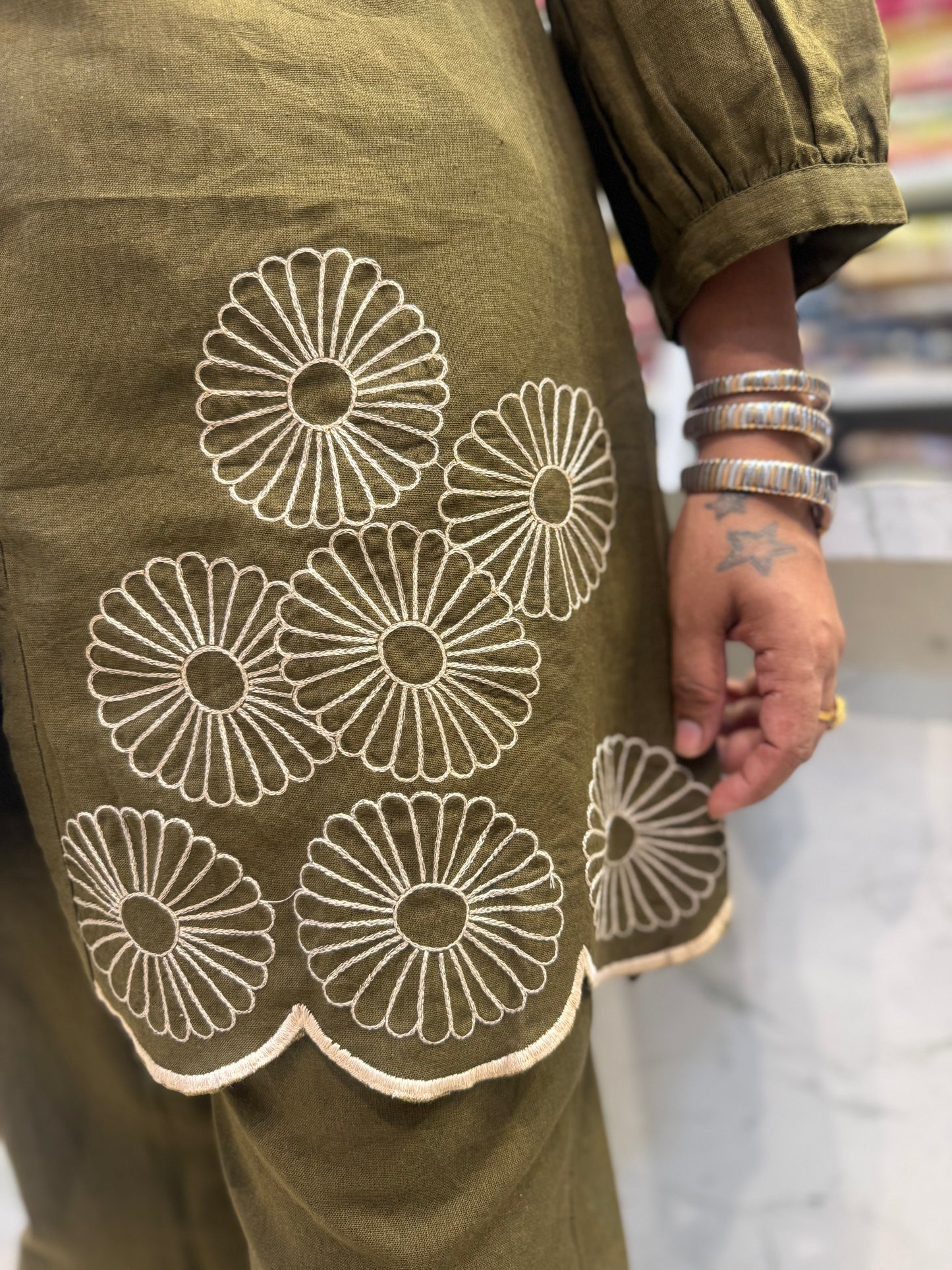 Green Scallop Cut Embroidery Pure Cotton Co-ords Set-HSC68