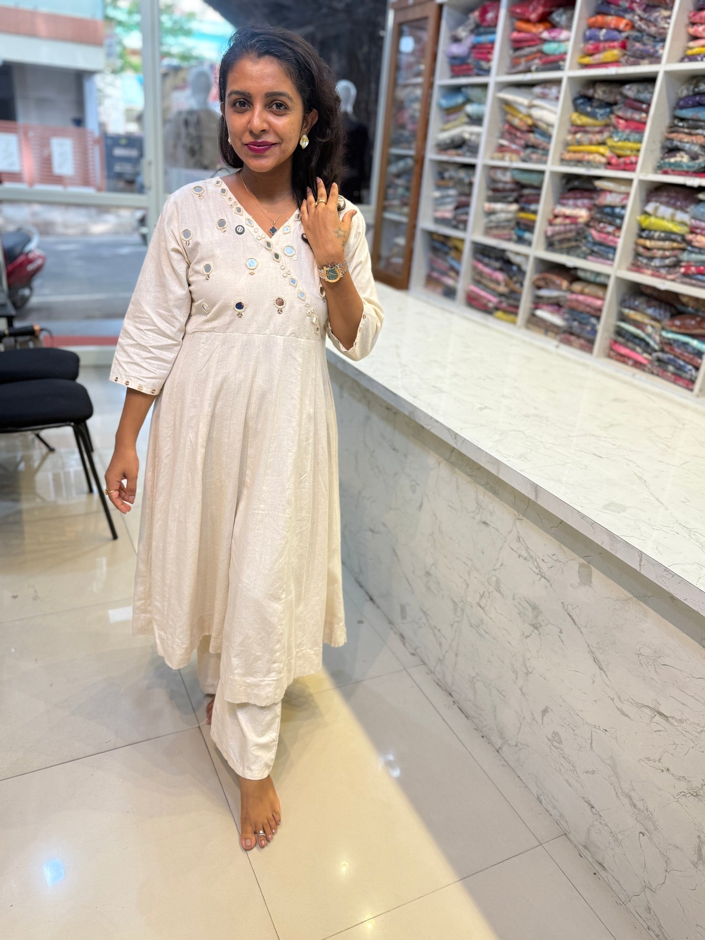 Plain Half white Anarkali set