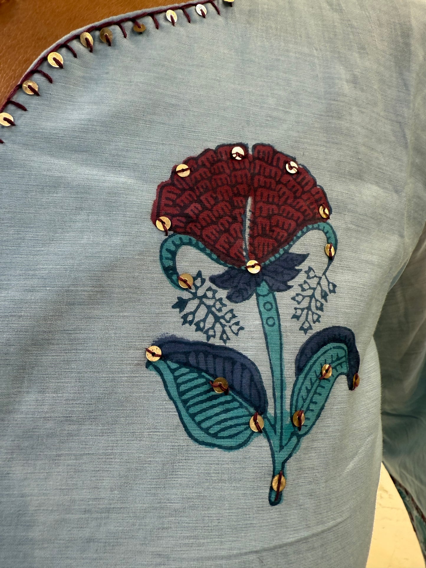 Sky Blue Pure Mul Cotton Kurti With Pant and Dupatta