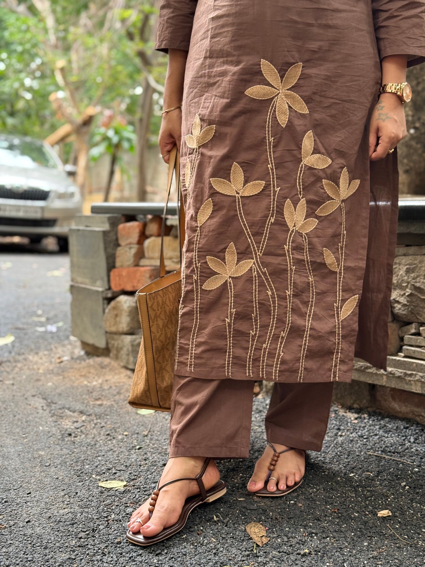 Brown Pure Cotton Embroidered Kurti With Pant and Dupatta -HSC1172