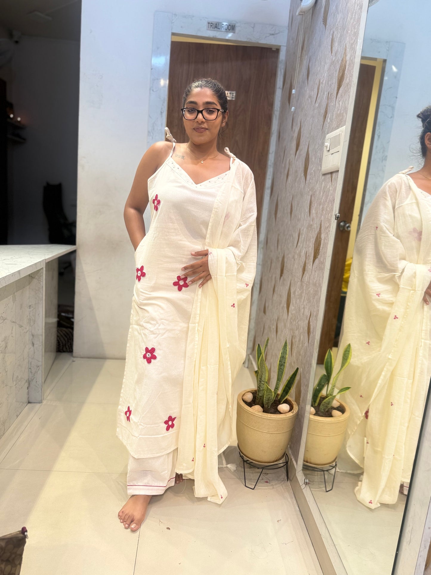 Half white Cotton Flex Applique Kurti With Pant and Dupatta-HSC170