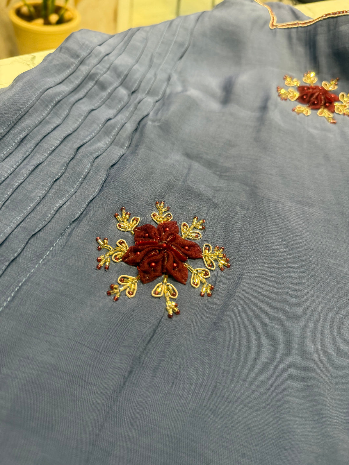 Blue Pure Mul Chanderi Hand Embroidery A-line Kurti With Pant and Dupatta -HSC1214