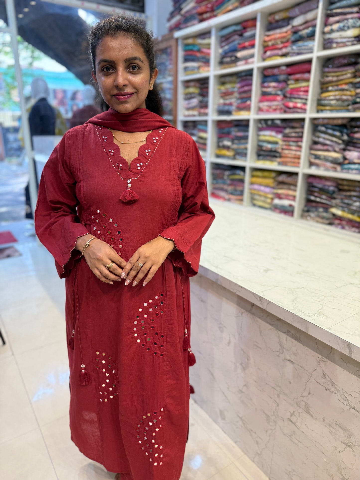 Mirror Work Red Pure Cotton Kurti With Pant and Dupatta-HSC128