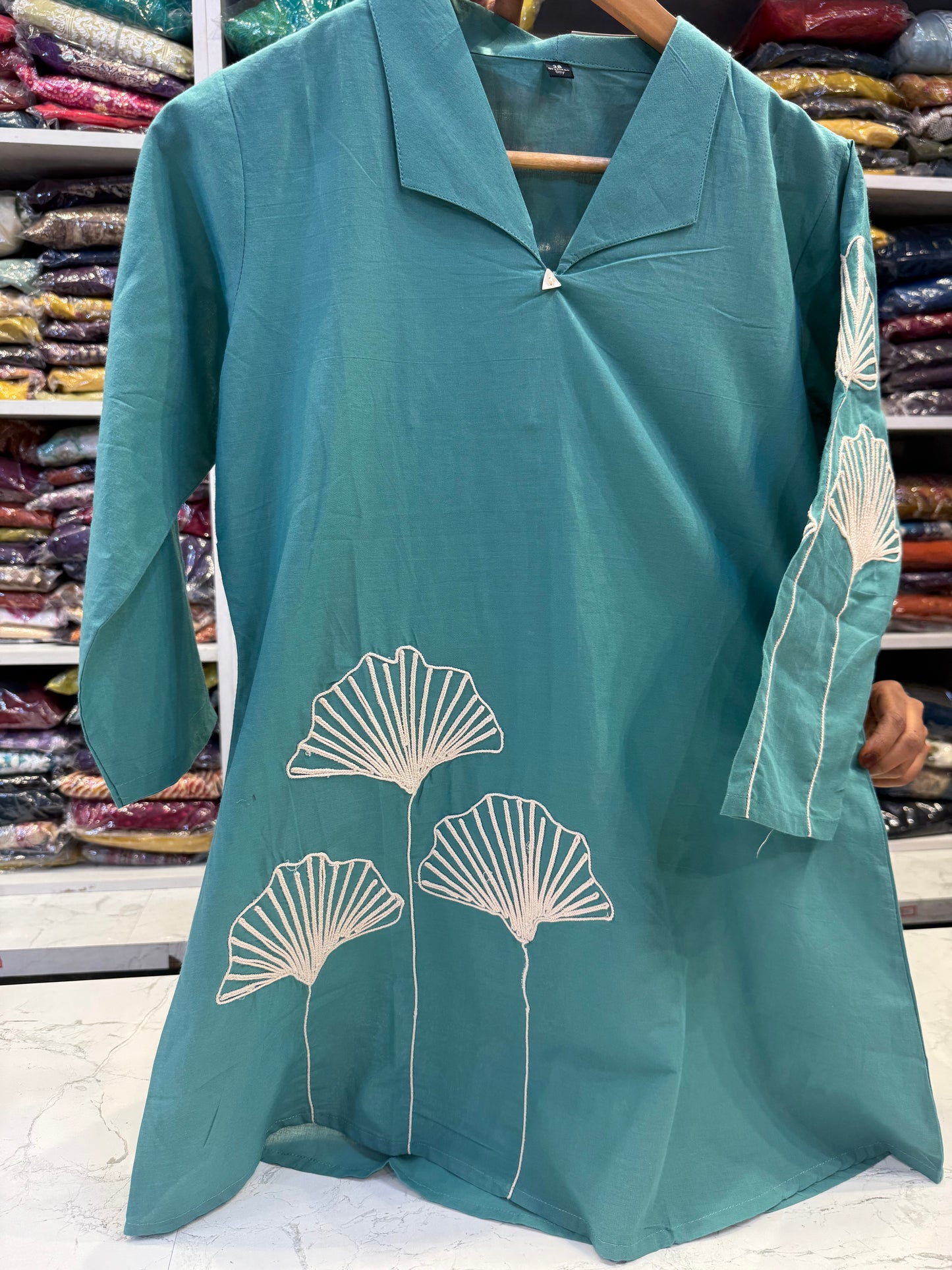Teal Blue Cotton Dori Embroidery Tunic Top