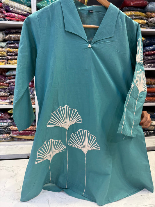 Teal Blue Cotton Dori Embroidery Tunic Top