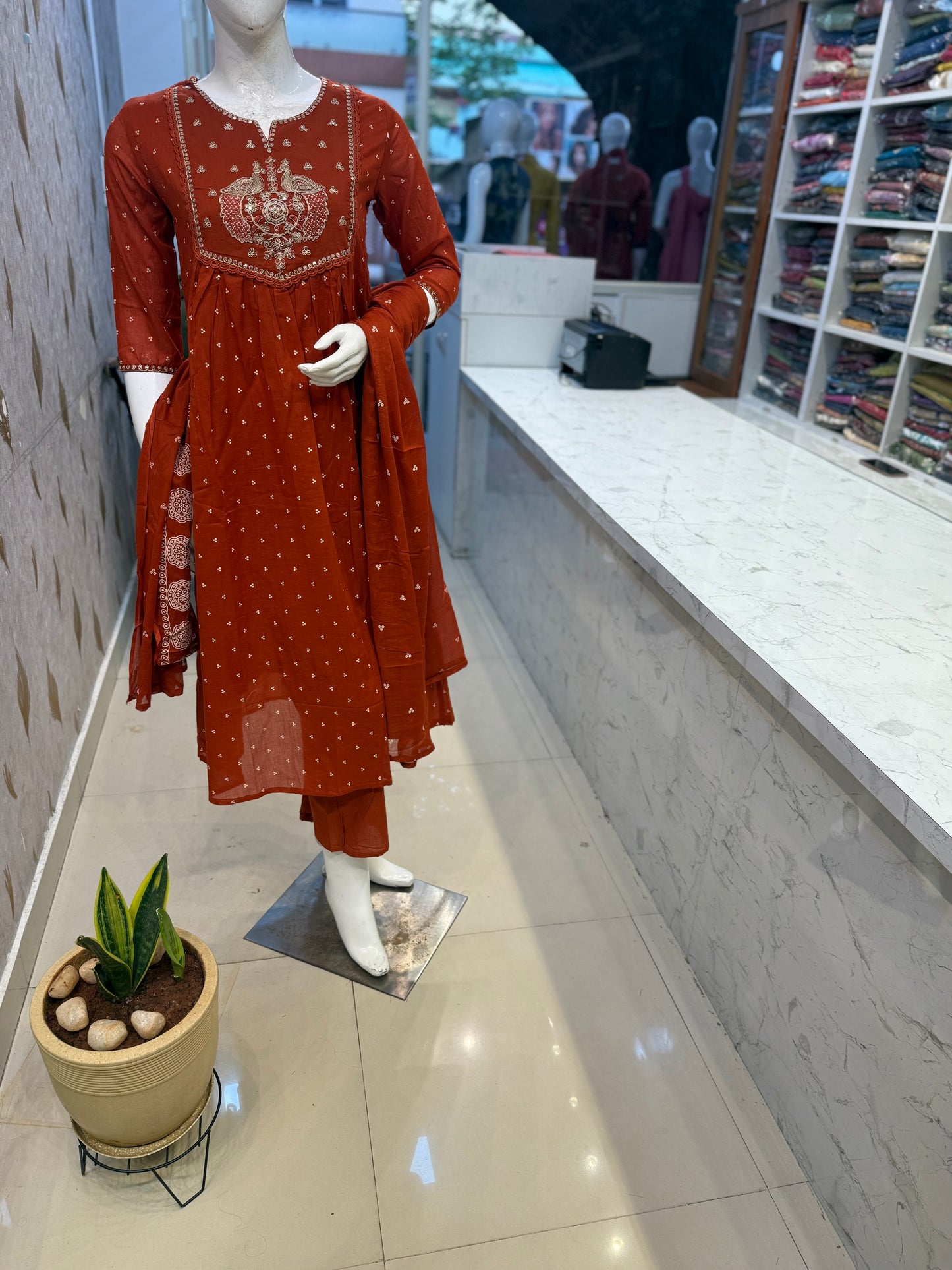 Mul cotton Anarkali Kurti With Pant and Dupatta