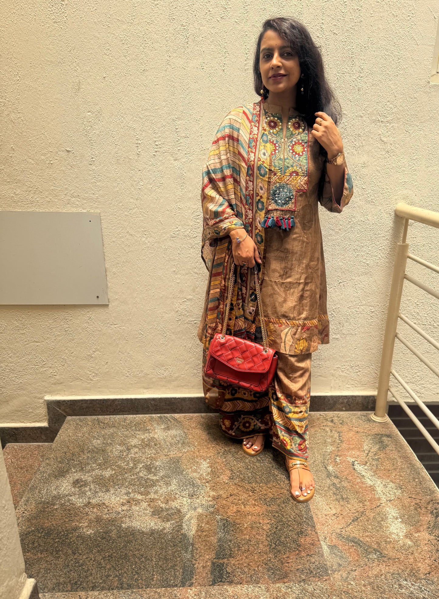 Pure Muslin Floral Printed Kurti With Pant and Dupatta