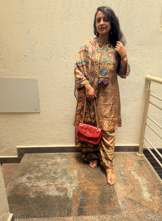 Pure Muslin Floral Printed Kurti With Pant and Dupatta-HSC192