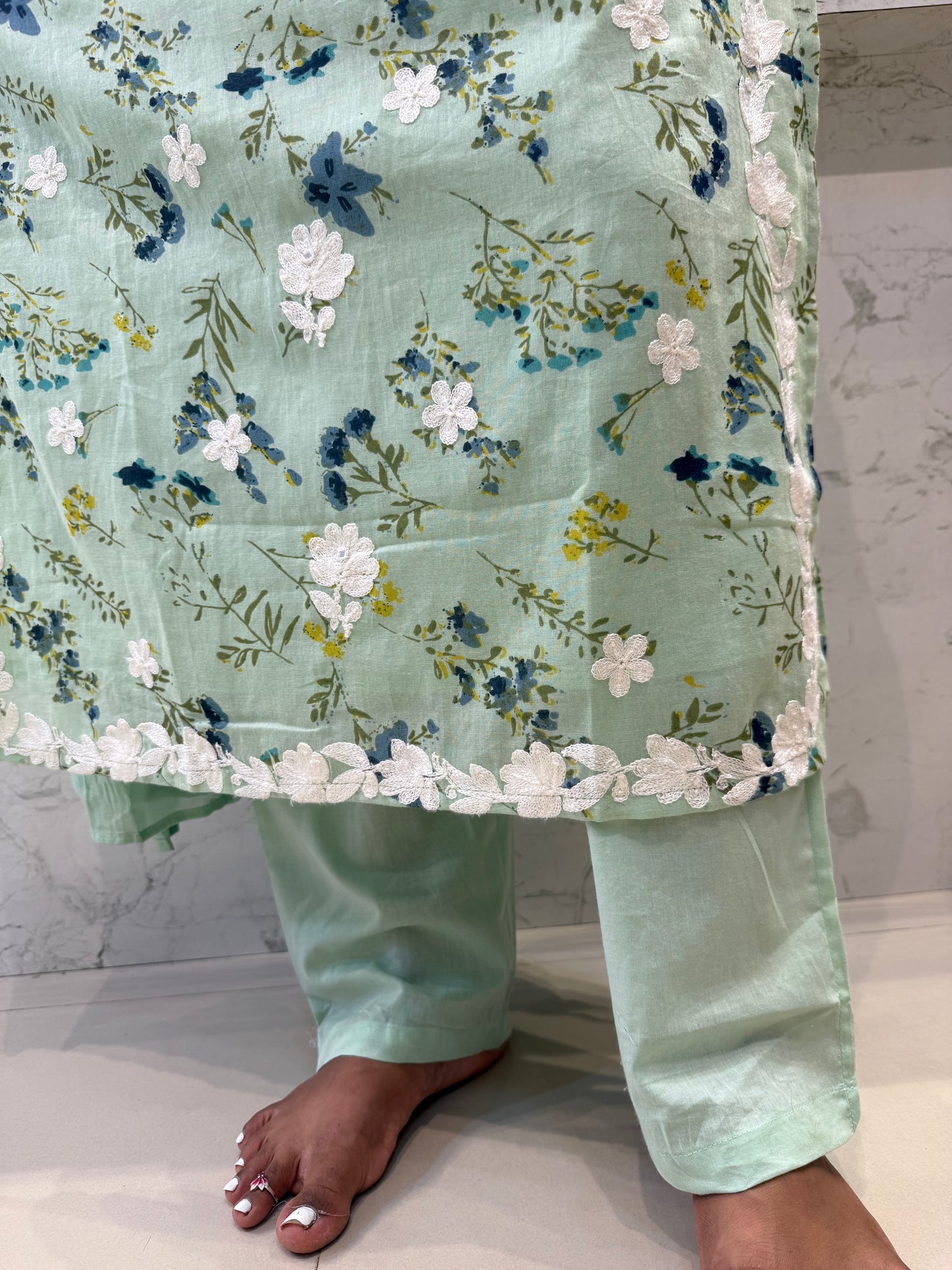Mint Green Chikankari Mul Cotton Straight Kurta with Pant and Dupatta-HSC160