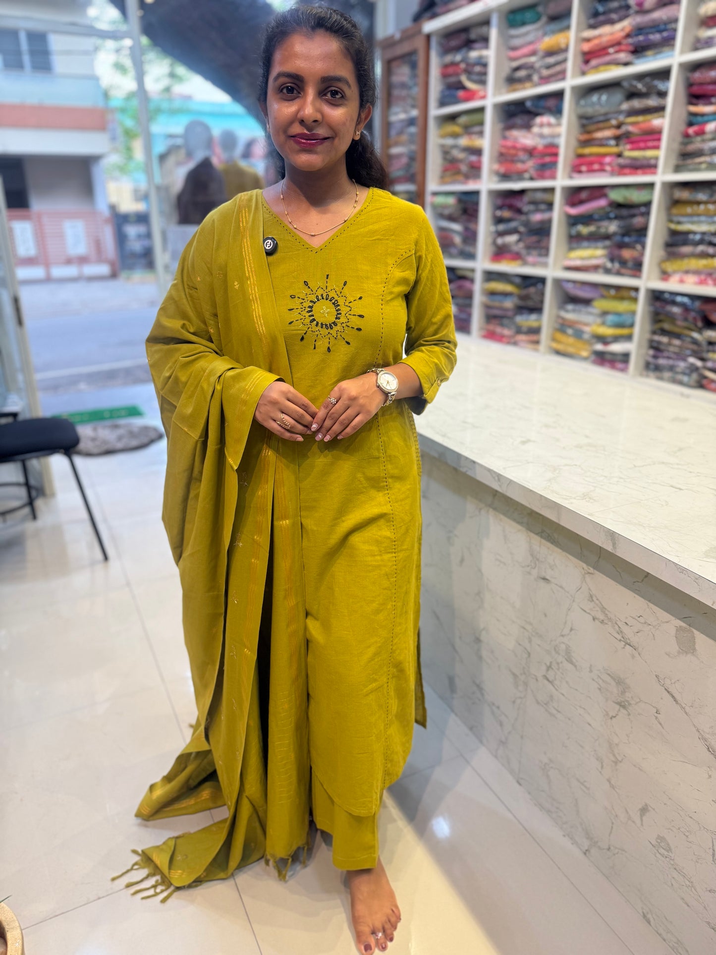 Pure Handloom Thread Embroidery Kurti With Pant and Dupatta-HSC140