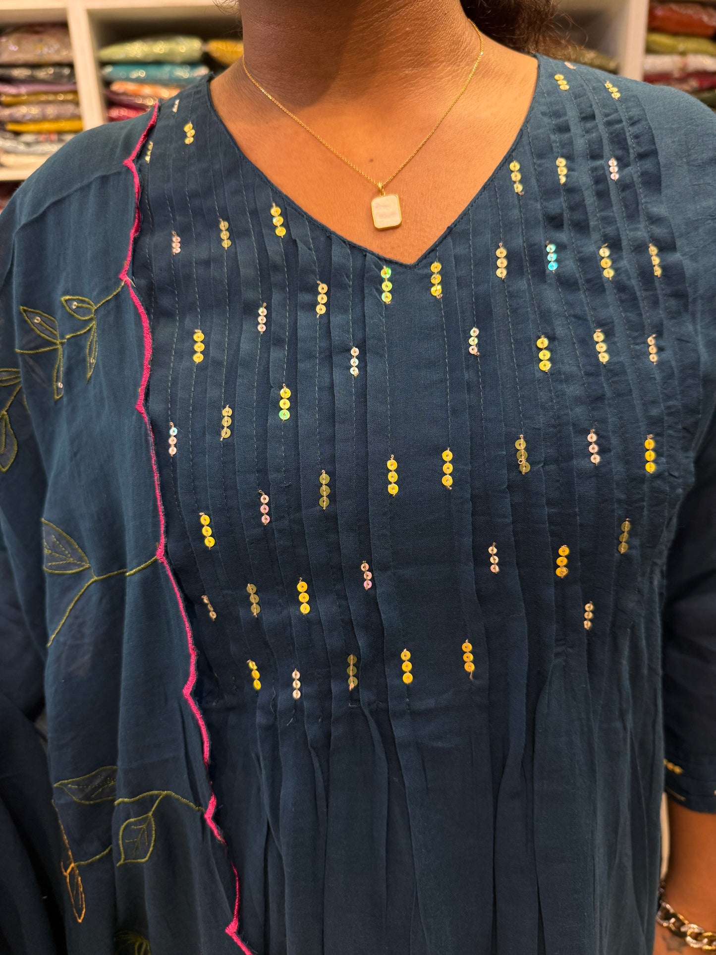 Blue Mul Cotton A-line  Kurti With Pant and Scallop Dupatta-HSC13