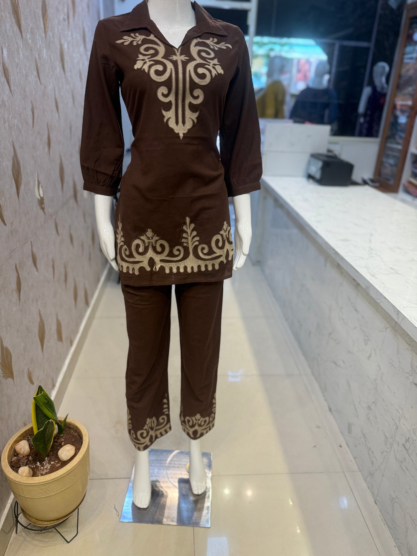 Brown Cotton Flex Embroidery Co-ords Set-HSC61