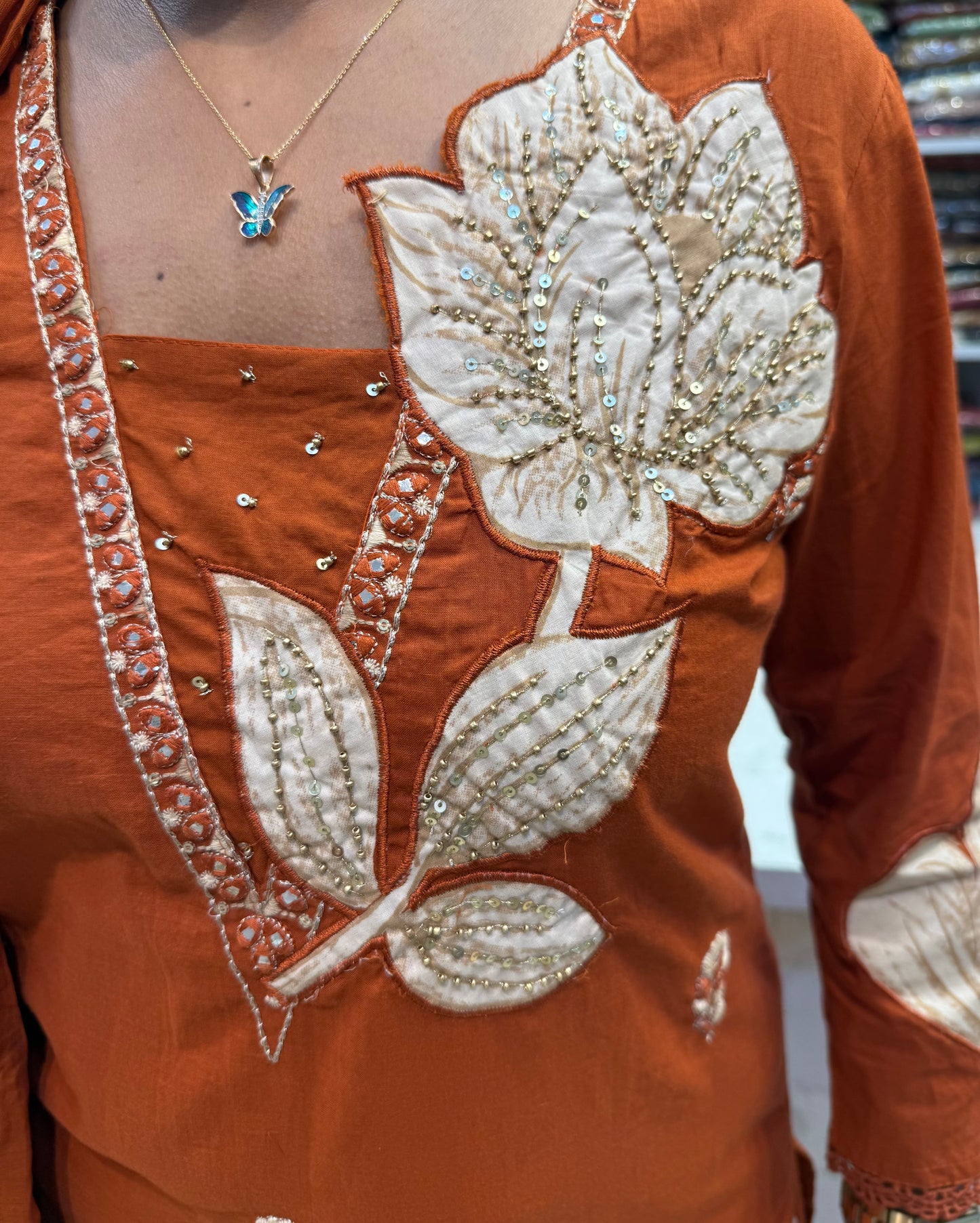 Appliqué Work Cotton Kurti With Pant and Dupatta