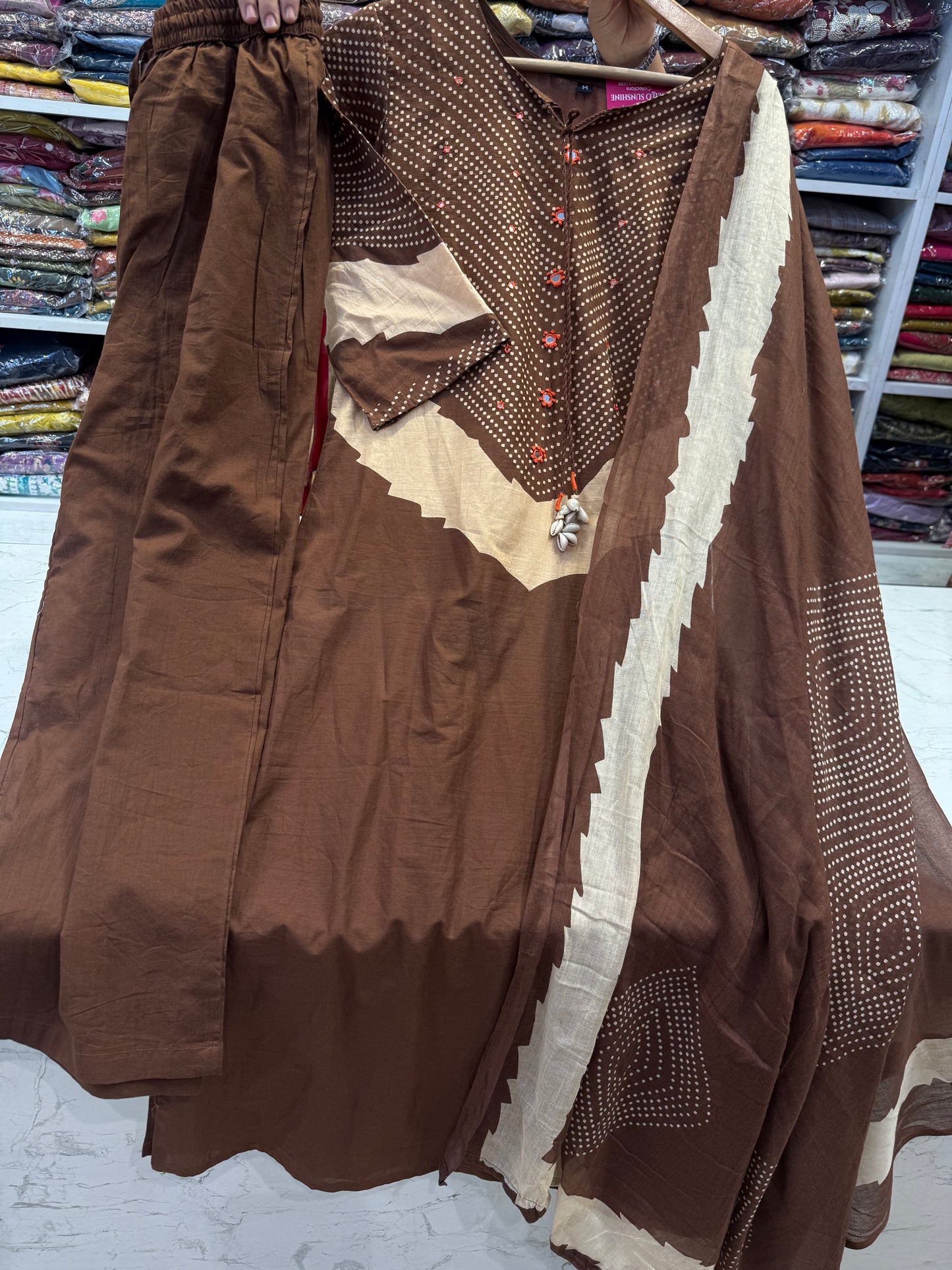 Trending brown Pure Cotton Kurti With Pant and Dupatta-HSC120