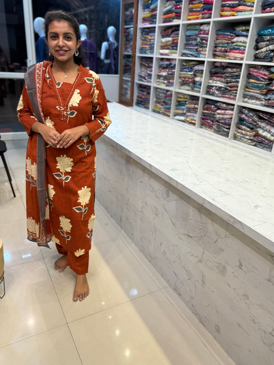 Rust Pure Cotton Kurti With Pant and Dupatta