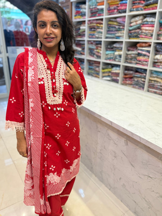 Pure Cotton Red Shell Detail with Kurti with Pant and Dupatta