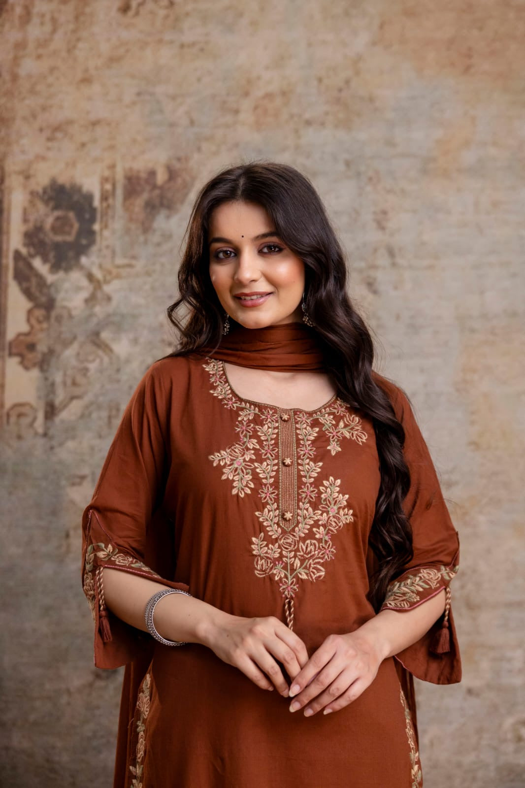 Brown Embroidery Pure Cotton Kurti With Pant and Dupatta - HSC1145