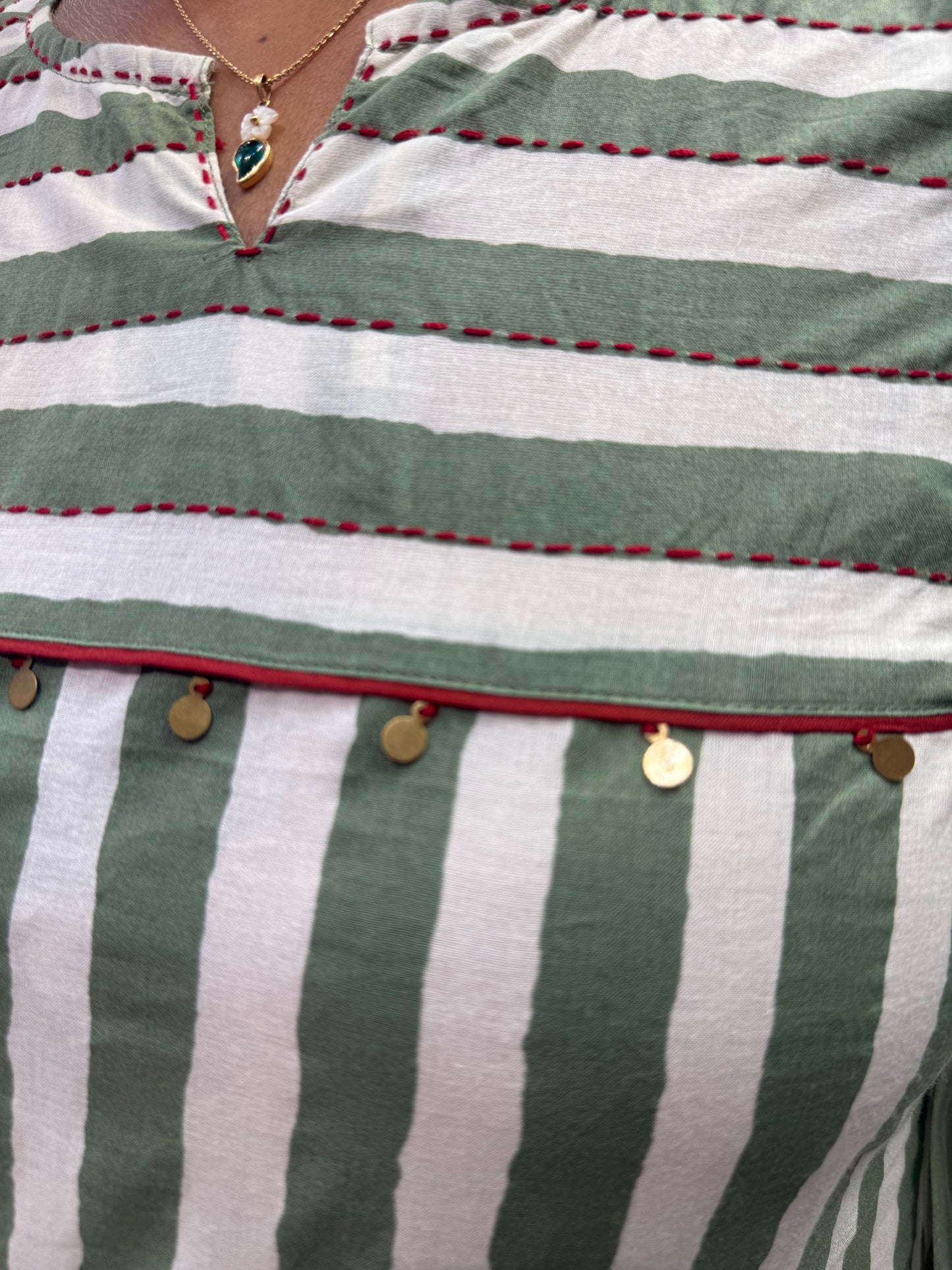 Sage Green Stripes Kurti With Marron Pant and Block Printed Dupatta