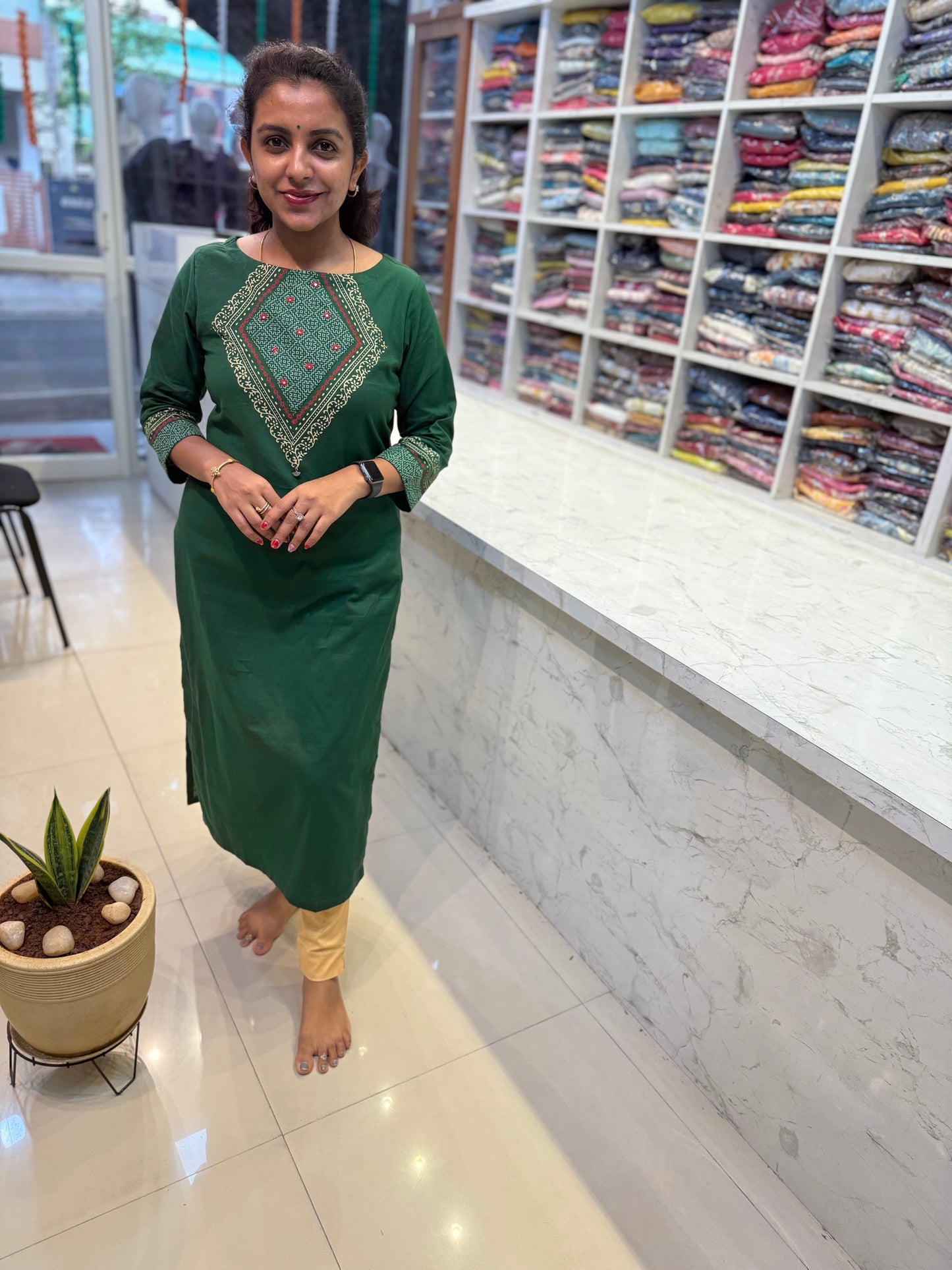 Green Block Printed Cotton Kurti