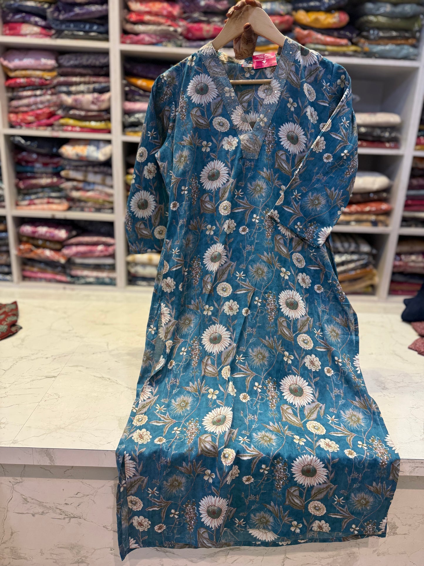 Floral V neck Cotton Kurti