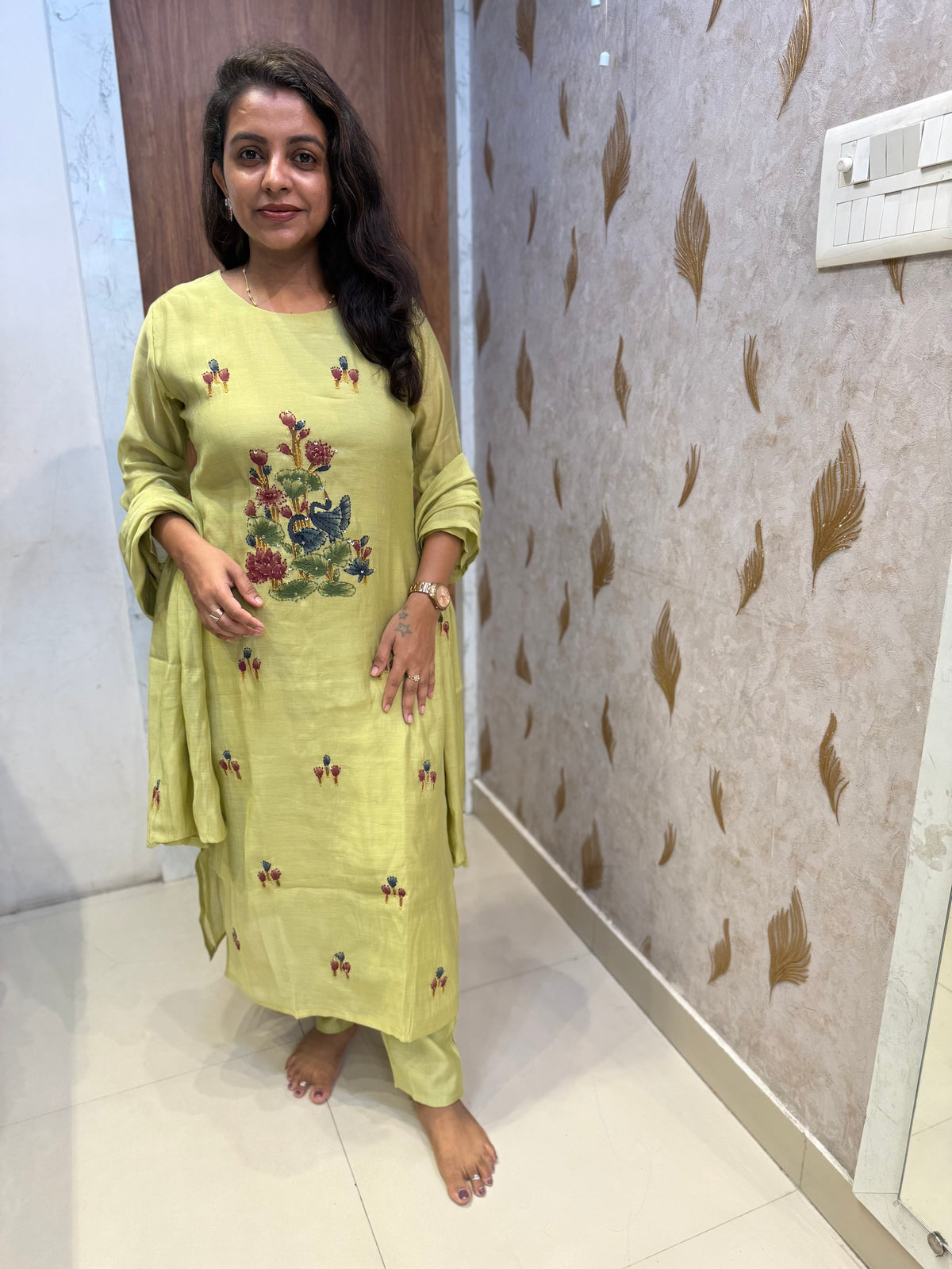 Green Brush Painted Thread Embroidery Pure Silk Kurti With Pant and Dupatta -HSC1290