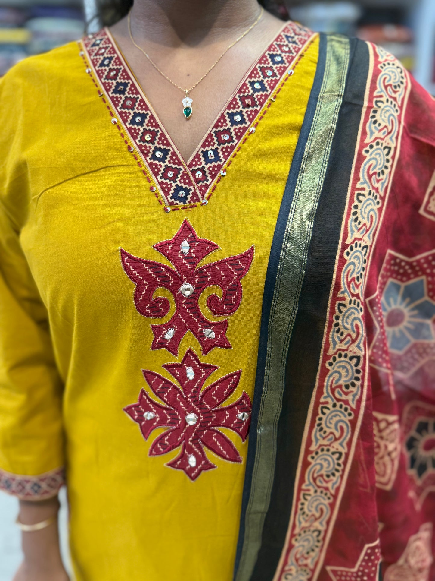 Mustard  Pure Cotton Kurti With Pant and Marron Printed Gajji Silk Dupatta