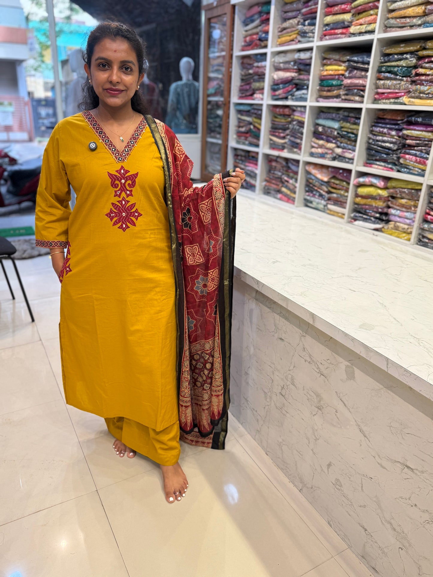 Mustard  Pure Cotton Kurti With Pant and Marron Printed Gajji Silk Dupatta
