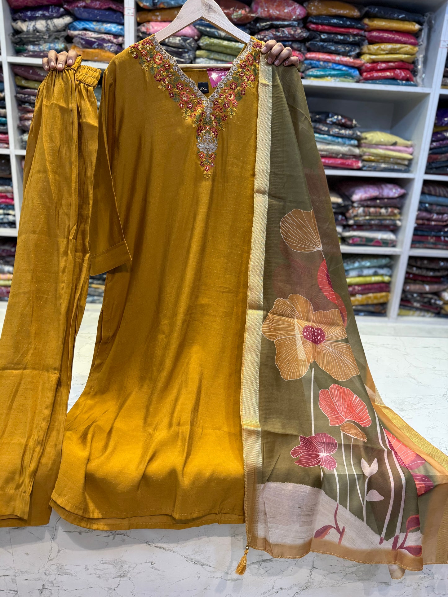 Semi-Party Wear Roman Silk Kurti With Pant and Dupatta