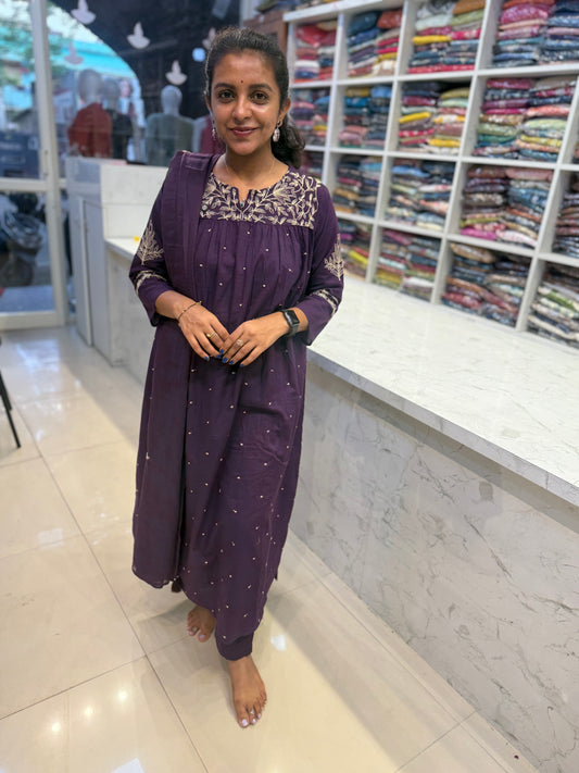 Thread Embroidery Cotton Kurti With Pant and Dupatta