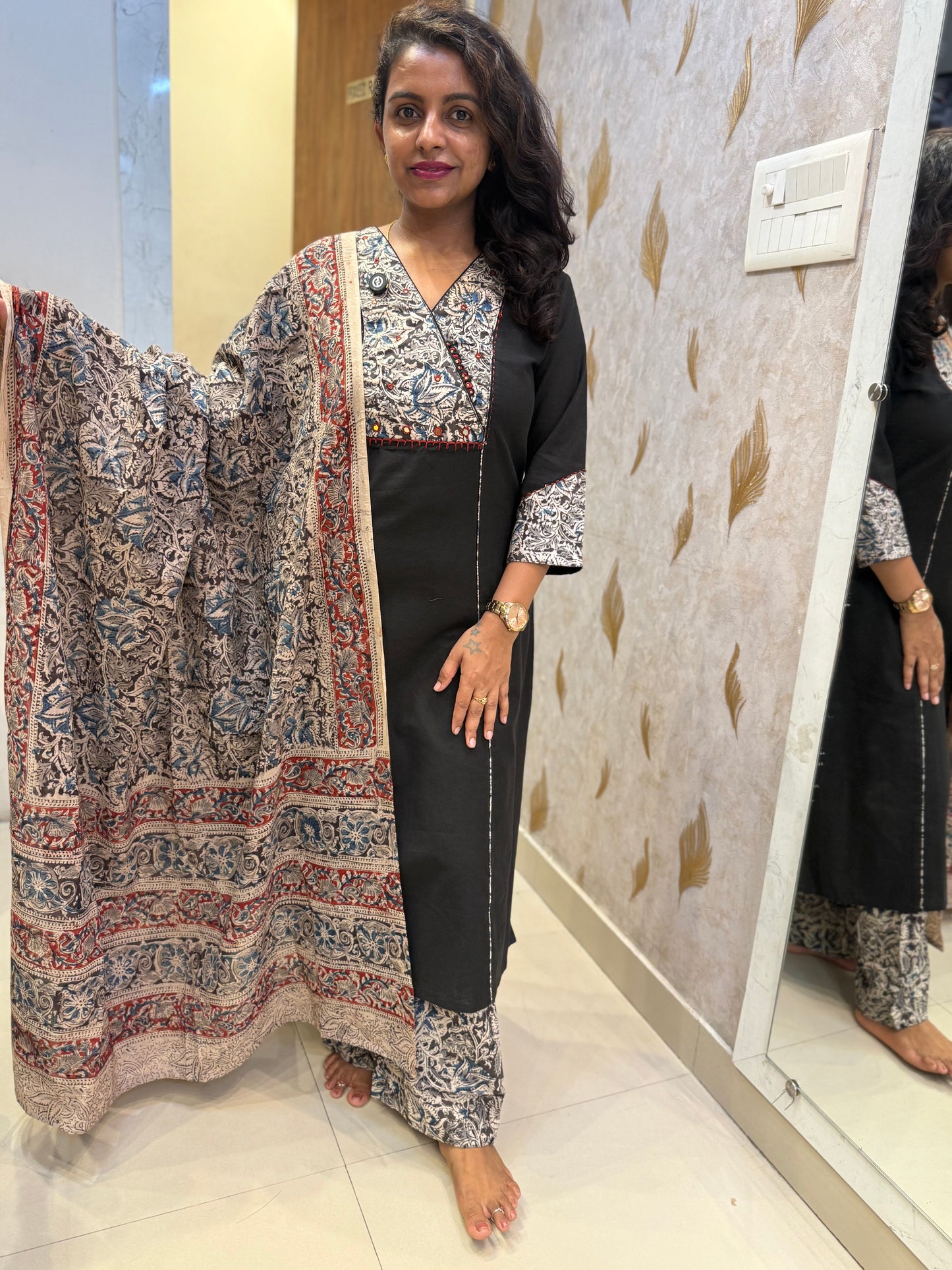 Black Kalamkari Pure Cotton Kurti With Pant and Dupatta - HSC1156