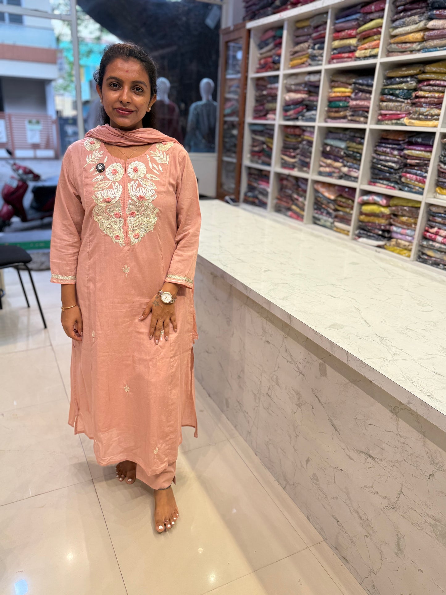 Dusty Peach Pure Mul Cotton Kurti With Pant and Dupatta