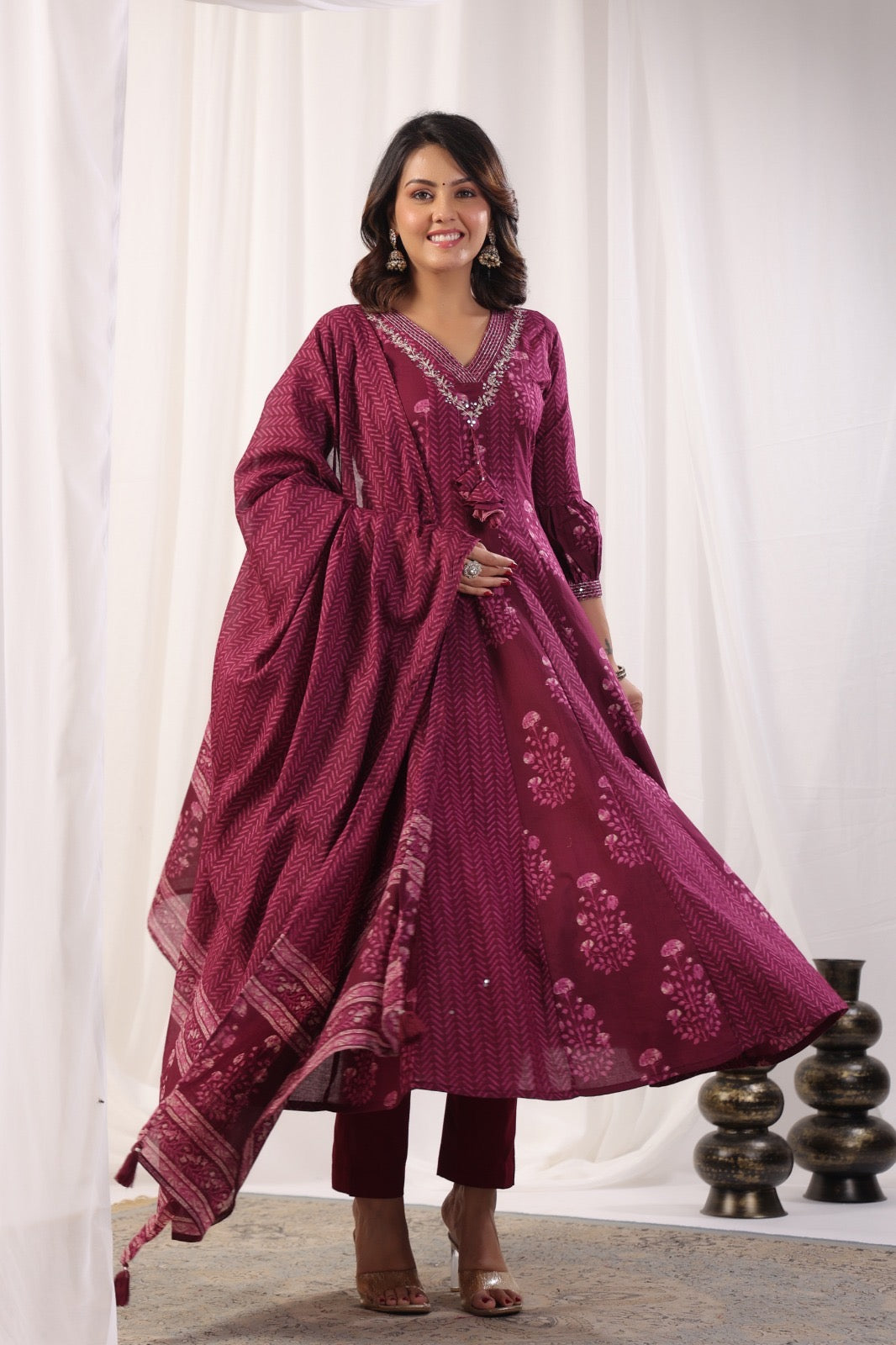Wine Anarkali Pure Cotton Kurti With Pant and Dupatta-HSC106