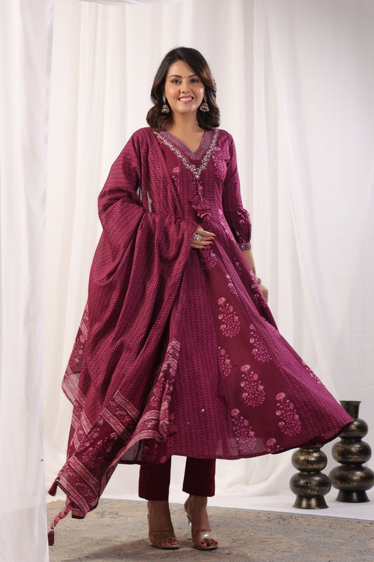 Wine Anarkali Pure Cotton Kurti With Pant and Dupatta-HSC106