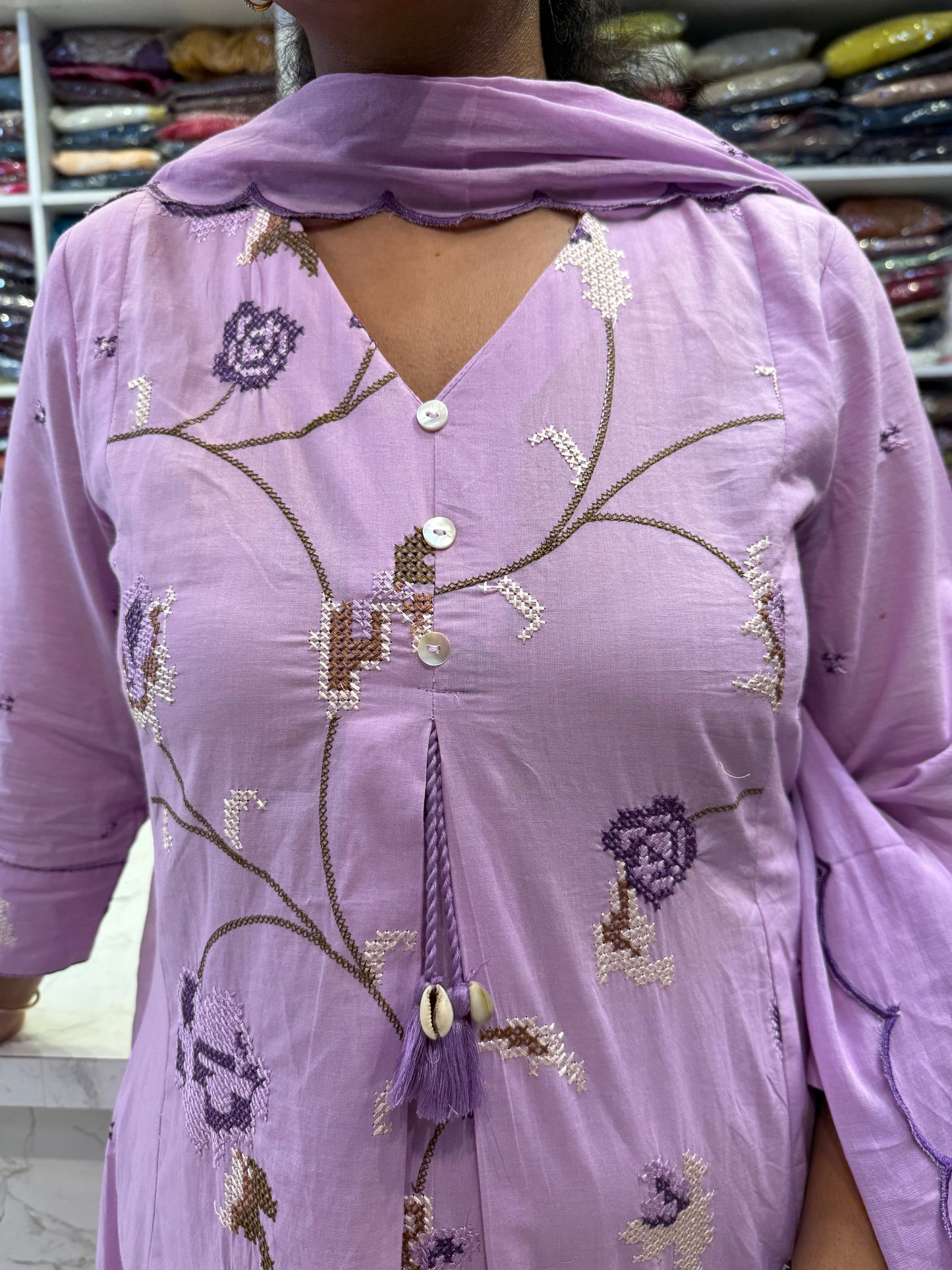 Lavender Crossstich Work Pure Mul Cotton A-line Kurti With Pant and cut work Dupatta
