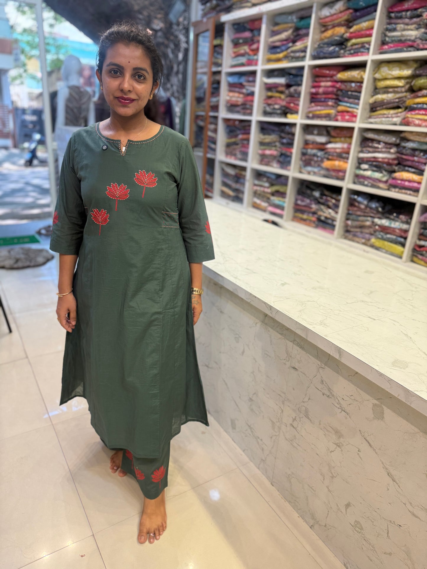 Lotus Hand Painted Designer Wear Pure Cotton Kurti With Pant-HSC69