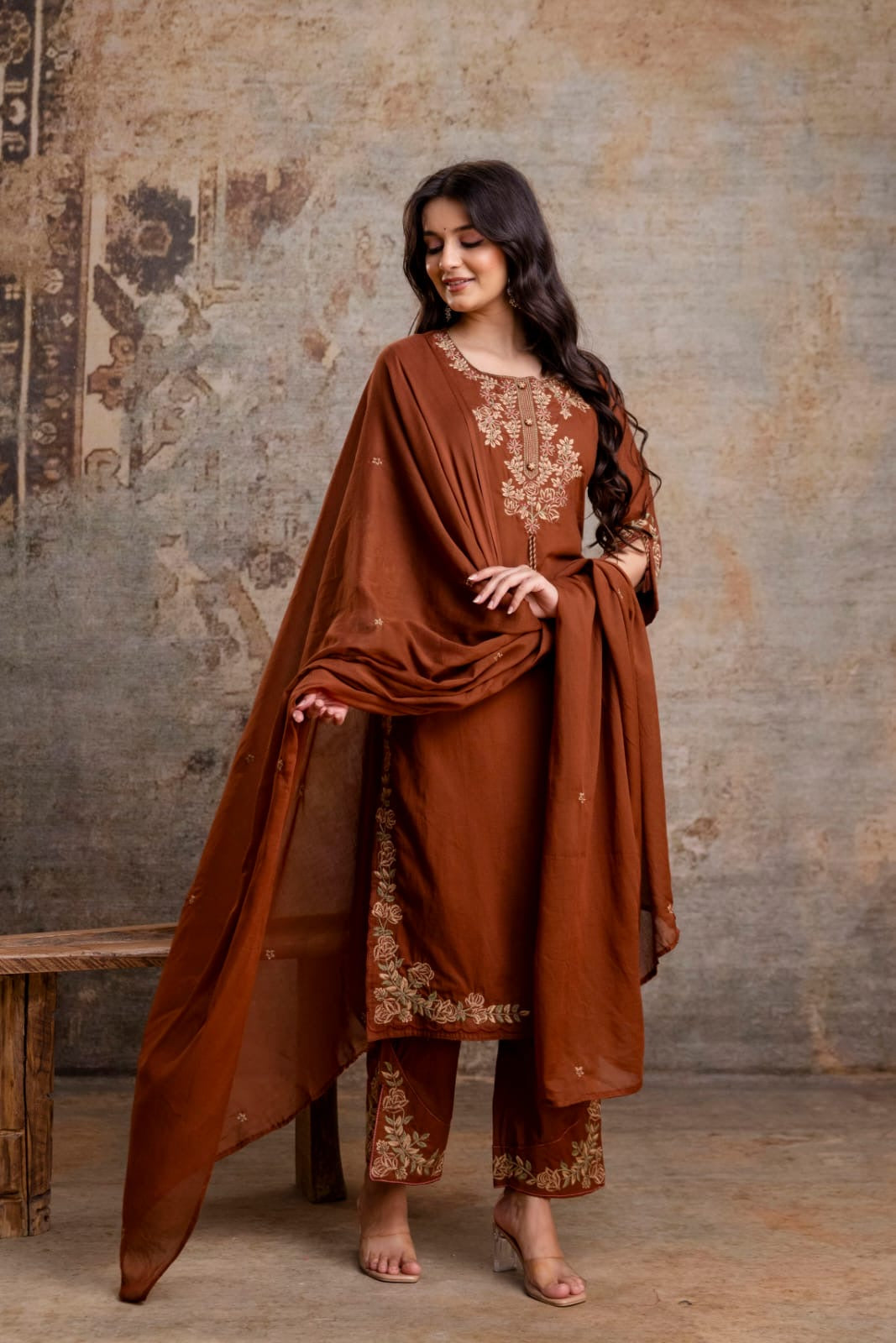 Brown Embroidery Pure Cotton Kurti With Pant and Dupatta - HSC1145