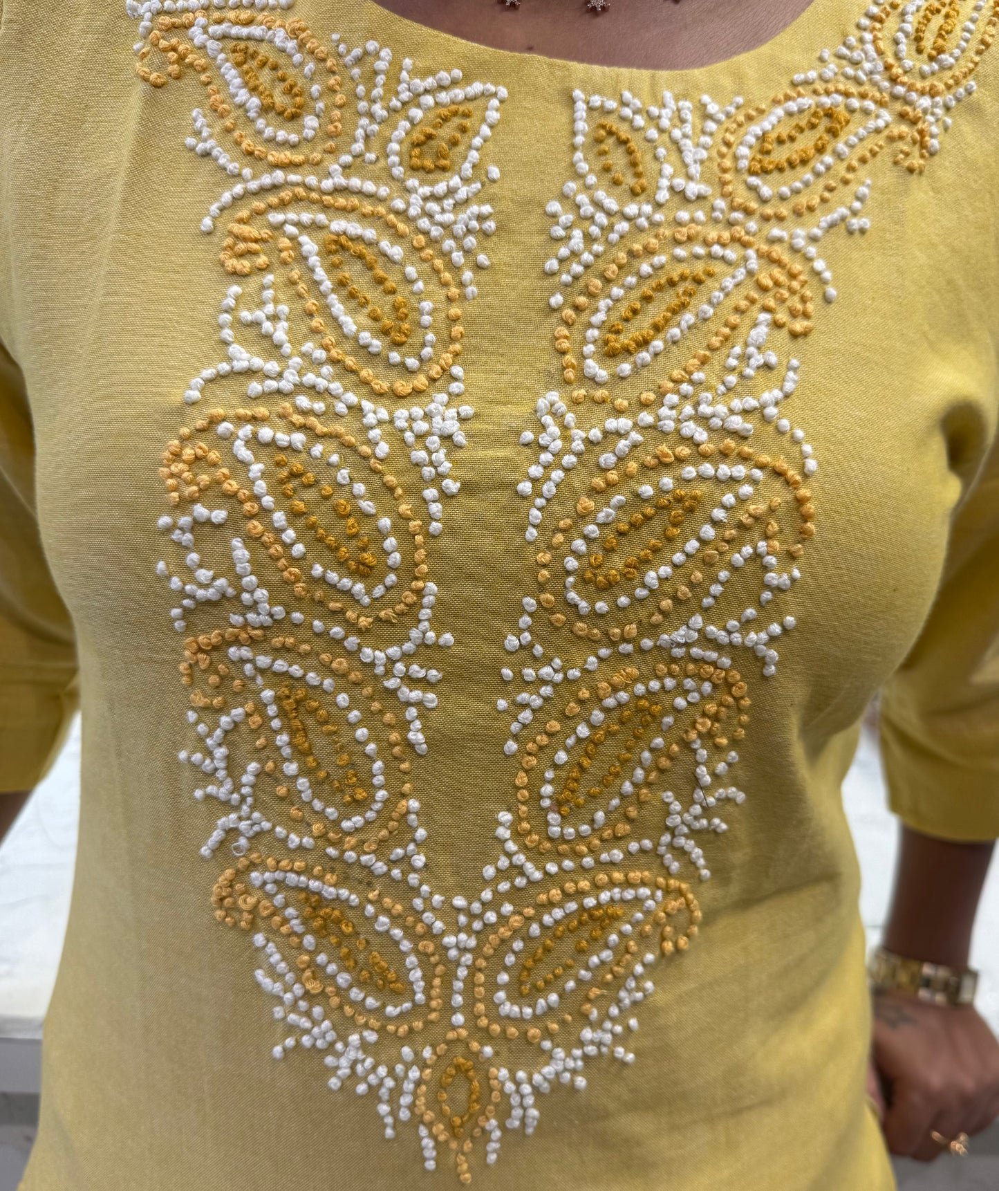 Thread Embroidery Knot Work Cotton Kurti With Pant