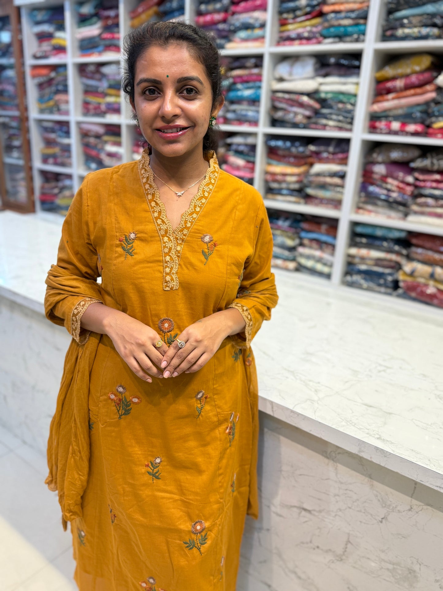 Mustard Thread Embroidery Lace Kurti With Pant and Dupatta