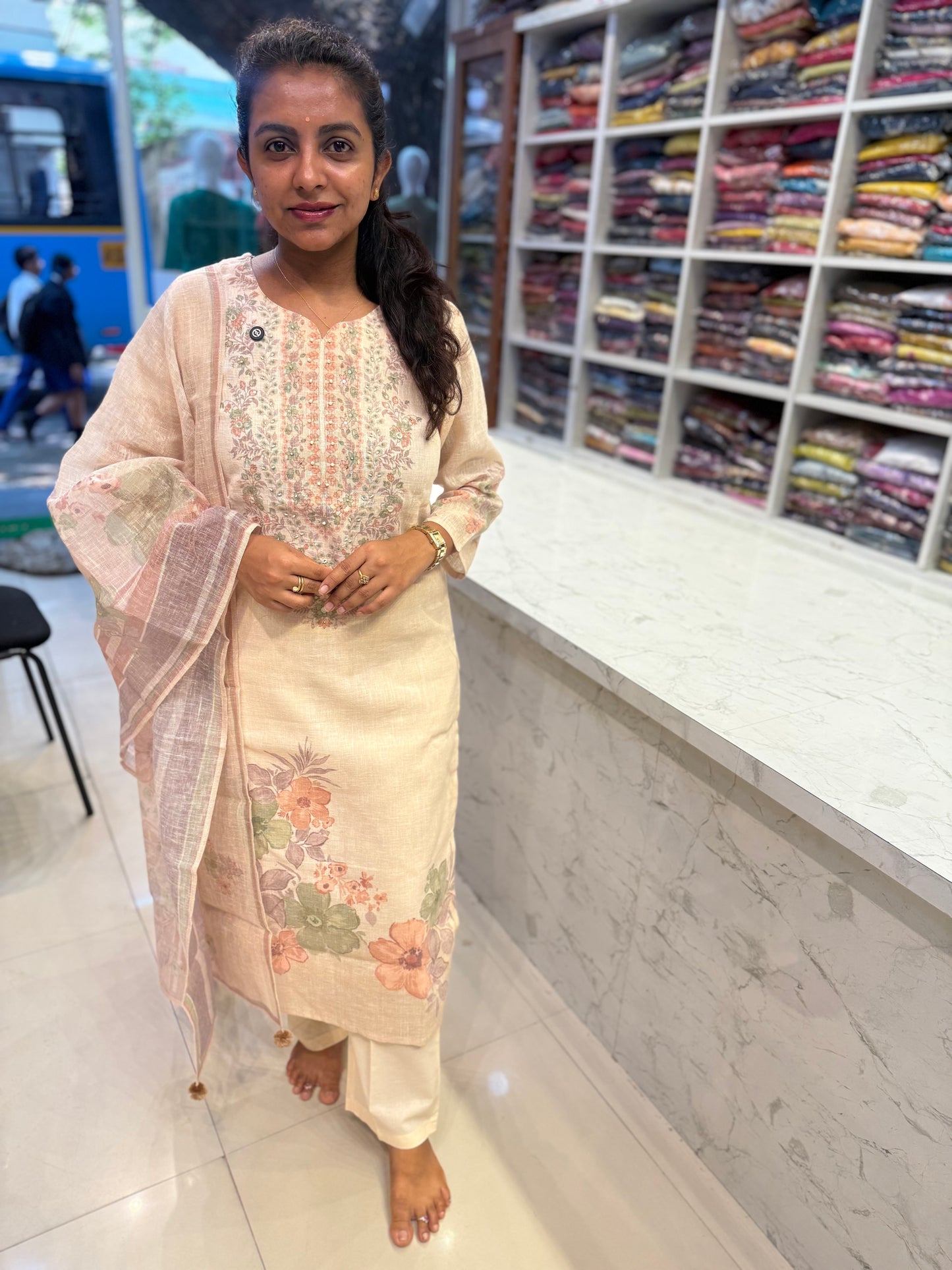 Pure Linen Thread Embroidery Kurti With Pant and Dupatta-HSC75