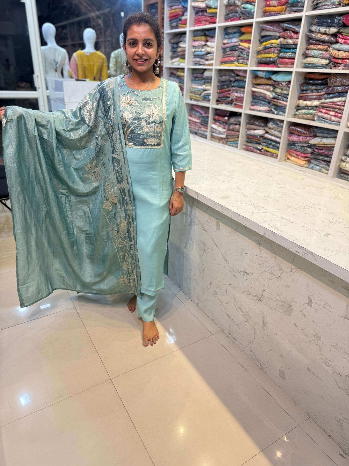 Blue Shimmer Nature Embroidery Kurti With Pant and Dupatta