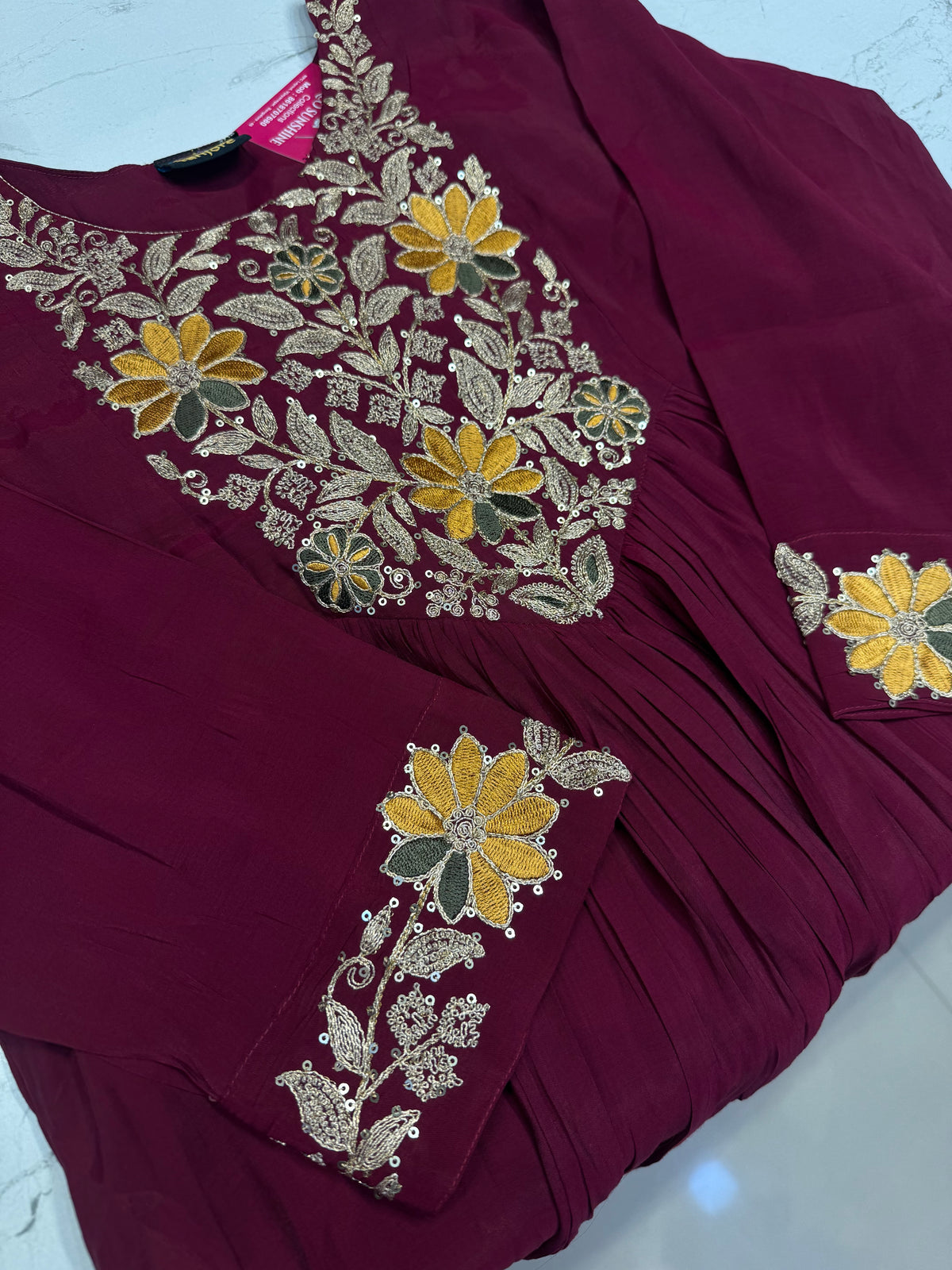 Wine Embroidery Kurti With Pant and Scallop Cutwork Dupatta - HSC1189