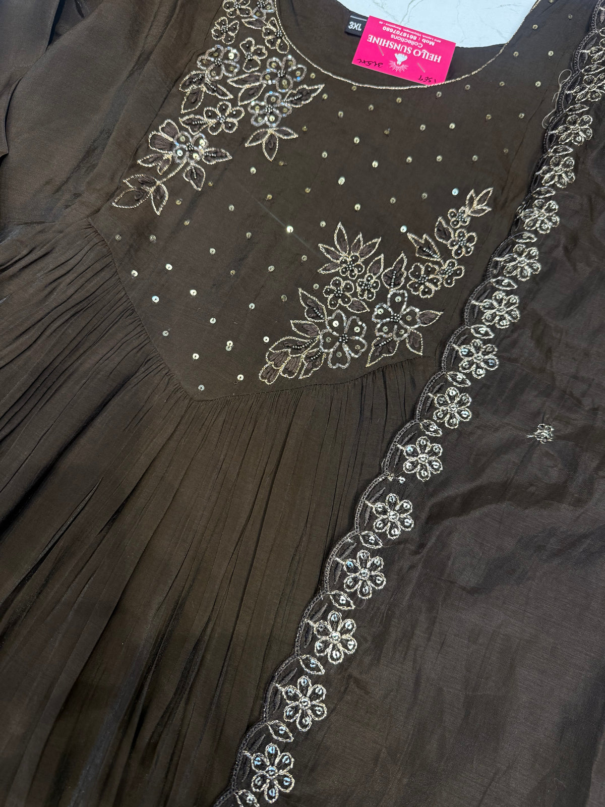 Brown Hand Embroidered A-line Kurti With Pant and Scallop cut Dupatta -HSC1205