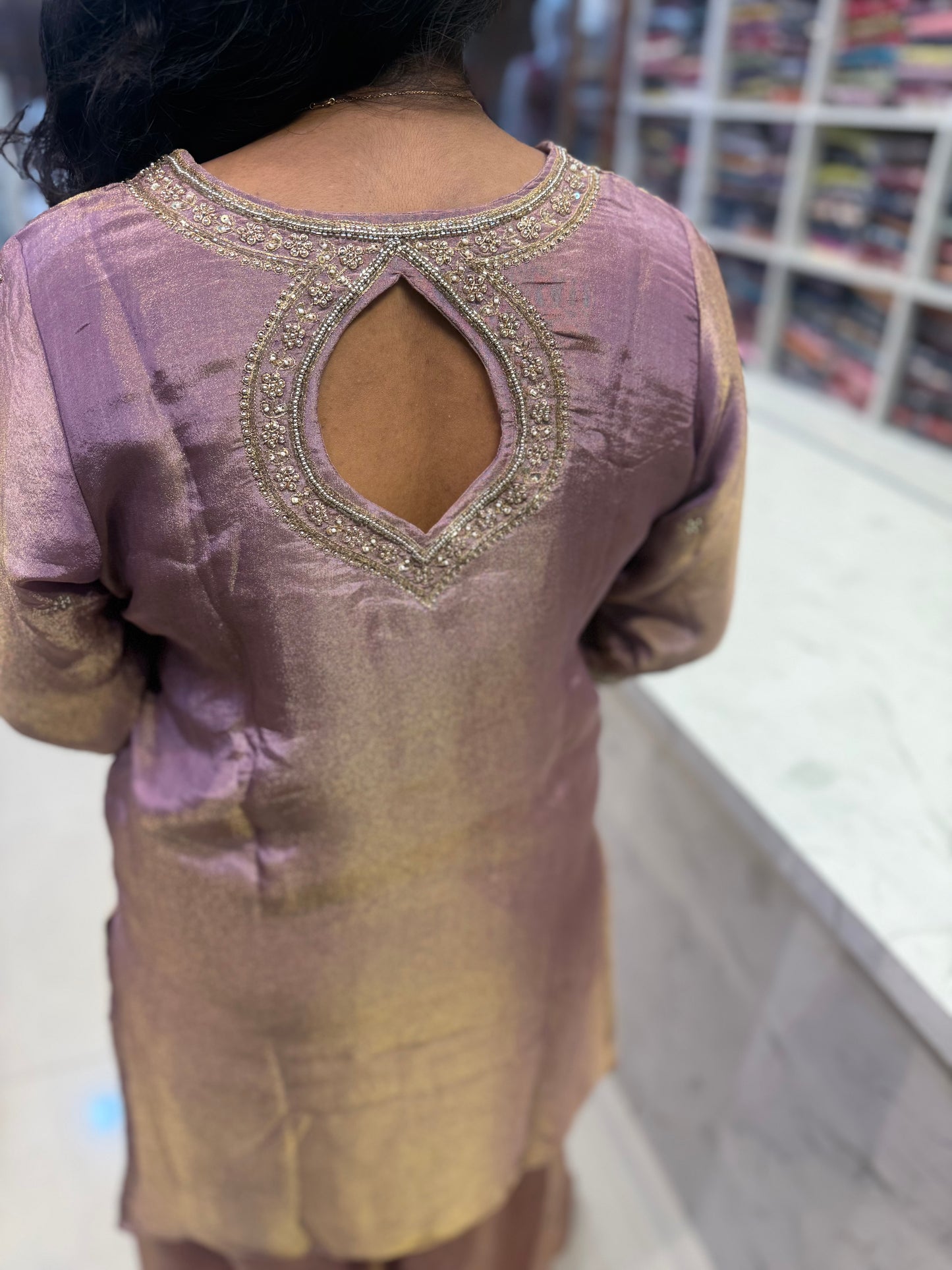 Shimmer Tissue Kurti with divider pant with scallop dupatta-HSC34