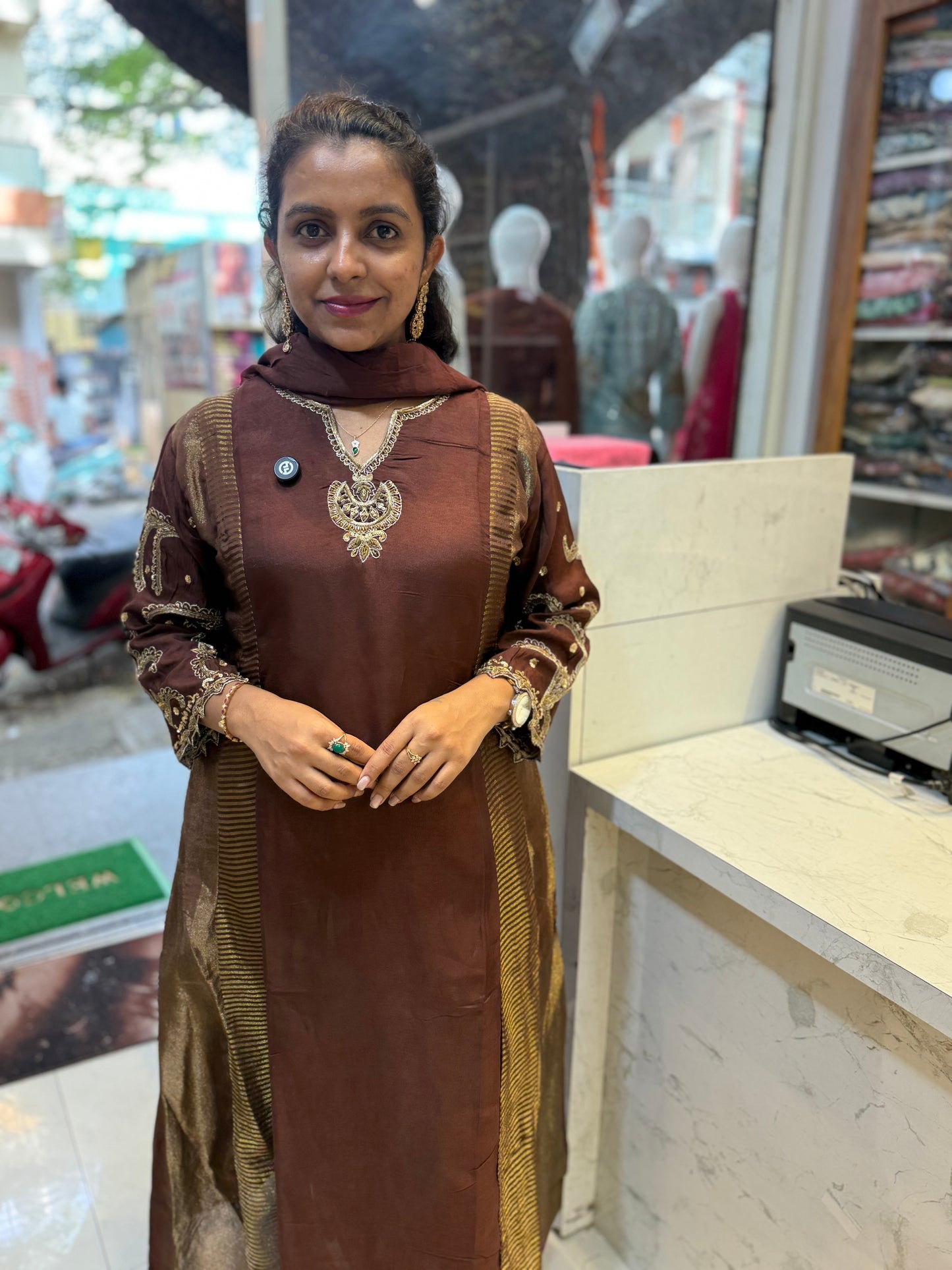 Brown Pure Banarasi Mul-Chanderi A-line Kurti With Pant and Dupatta