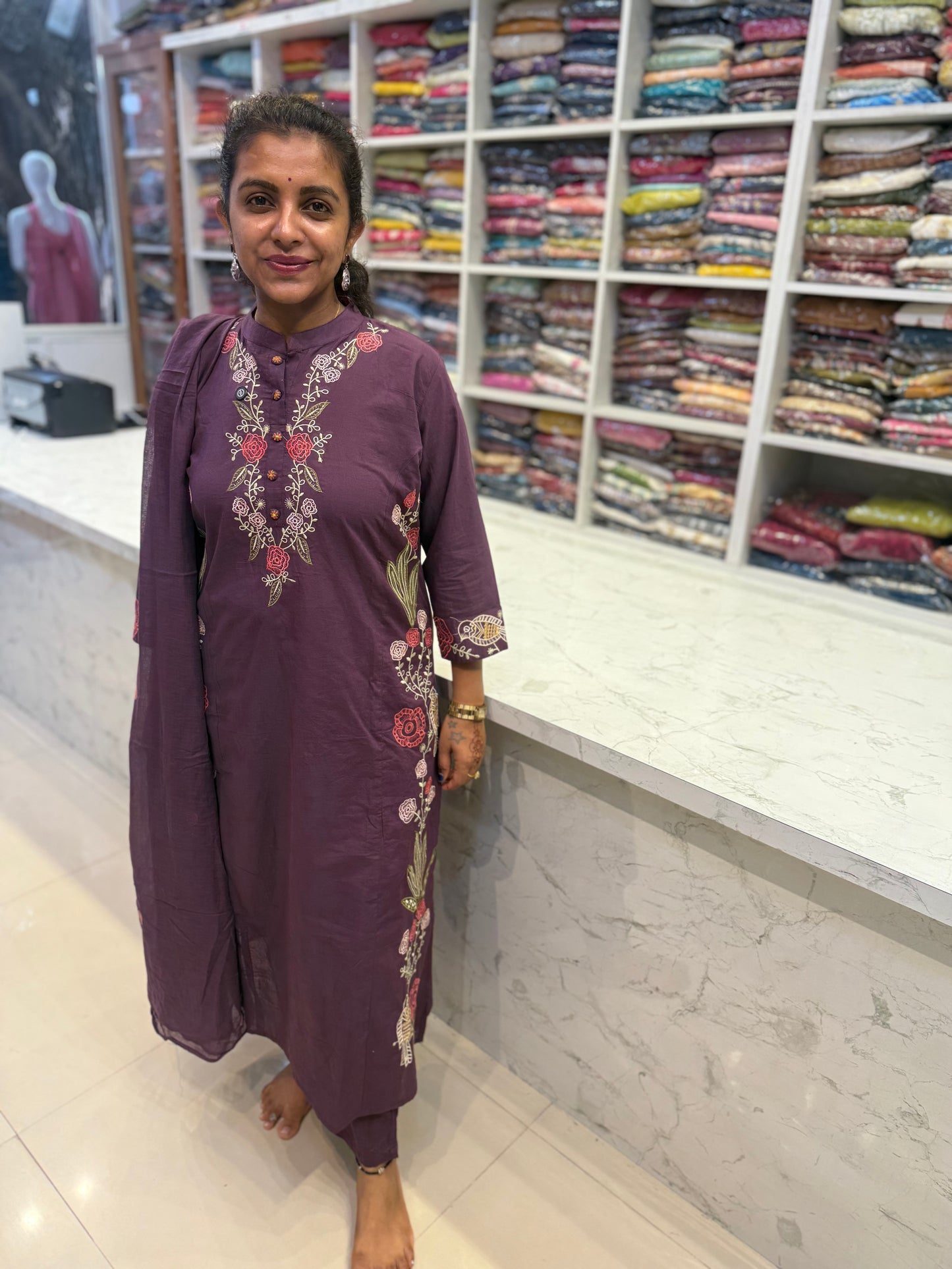 Bird Embroidery Kurti With Pant and Dupatta
