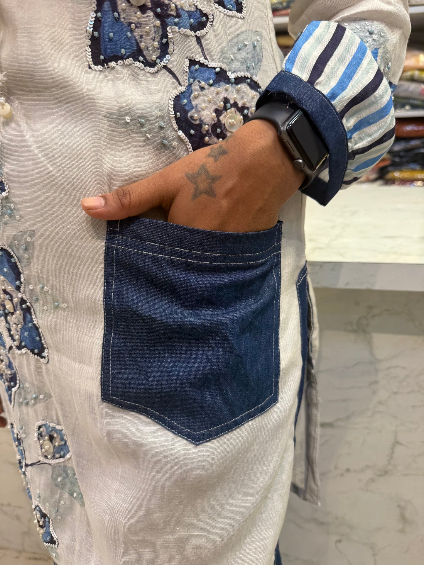 Half White Hand Embroidery Denim Set