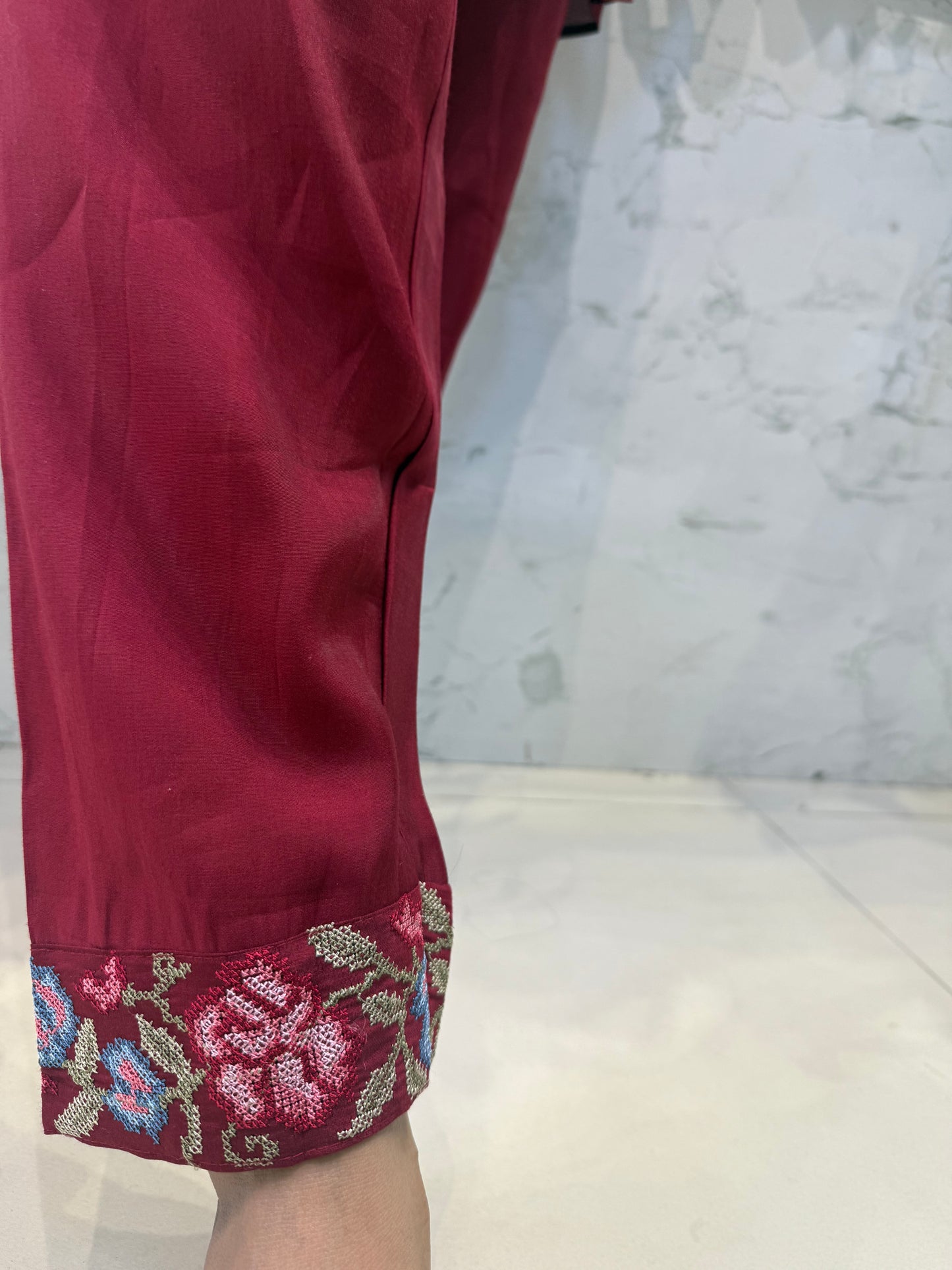 Marron Cross Stitch Work Silk Co-ords Set