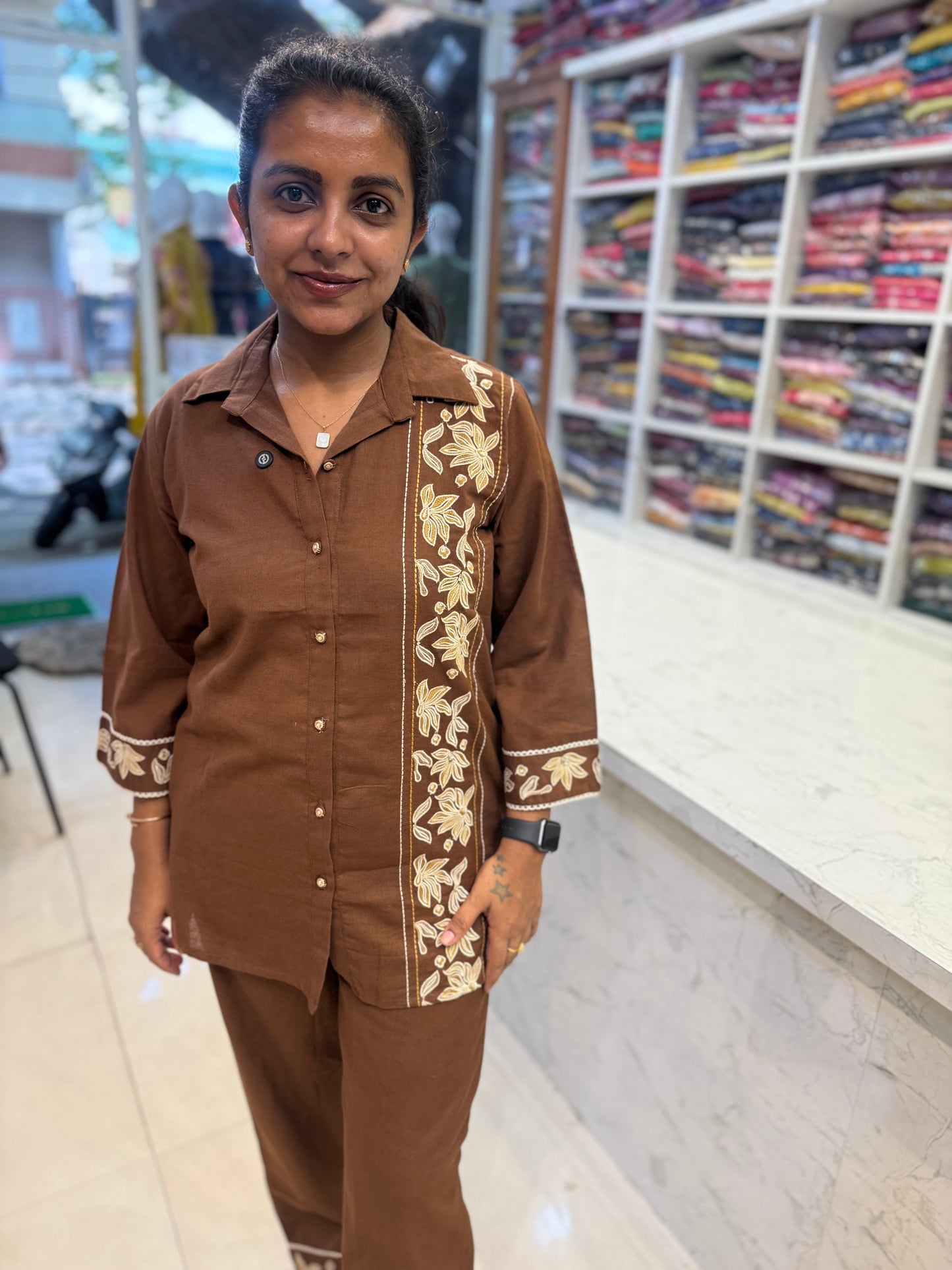 Brown Cotton Flex Embroidery Co-ords Set-HSC93