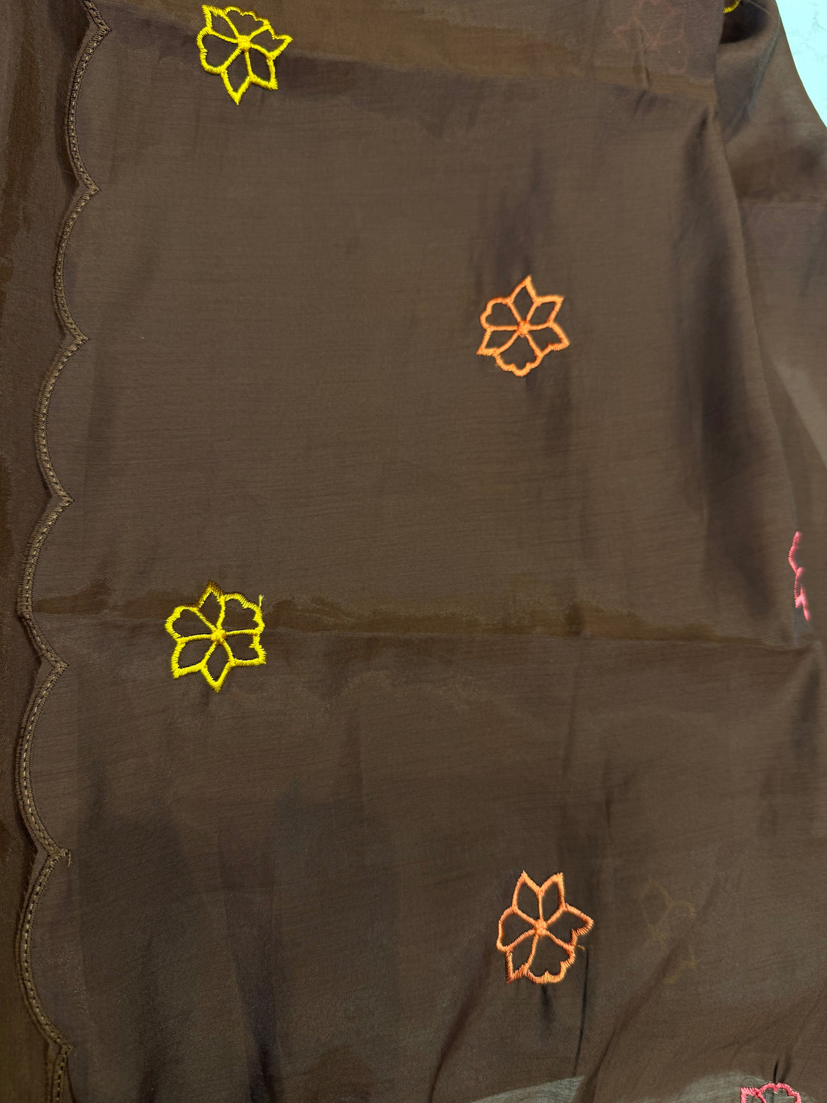 Brown Embroidery Kurti With Pant and Scallop Dupatta -HSC1271